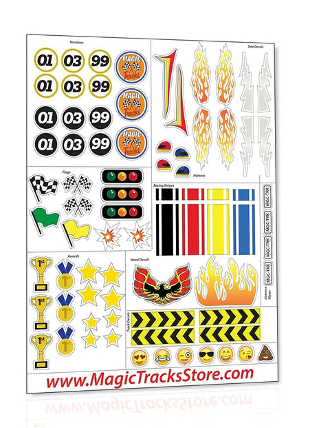 Sheet of decals for Magic Tracks Bendable Race Track That Lights Up And Glows In The Dark with various designs and stickers.