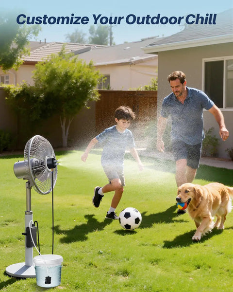 Magnetic Portable Misting System With Rechargeable 6000mAh Pump cooling a family playing soccer outdoors
