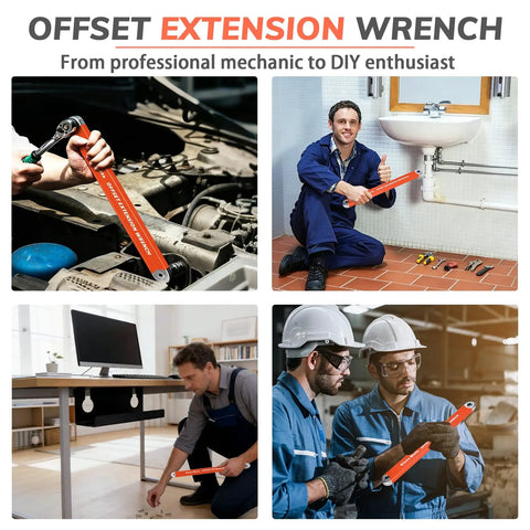 Offset Extension Wrench Kit With Quarter Inch, Three Eighth Inch, Half Inch Drive Adapters And Quarter Inch Socket shown in various uses