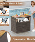 Sturdy Outdoor Storage Cabinet On Wheels With Solid Acacia Wood Frame And PE Rattan Finish, used as poolside bar cart.