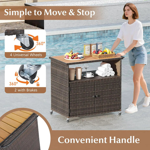 Sturdy Outdoor Storage Cabinet On Wheels With Solid Acacia Wood Frame And PE Rattan Finish, used as poolside bar cart.