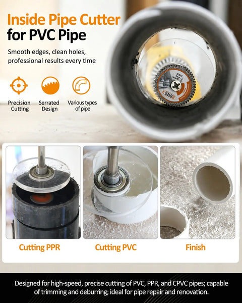 Inside Pipe Cutter Kit For PVC Pipe 2 Diamond Grit Cutting Wheels Quick Connect Shaft With Depth Scale Guide Disc And Hex Wrench Screwdriver For Pro Grade Precision In Tight Spaces cutting PVC pipe