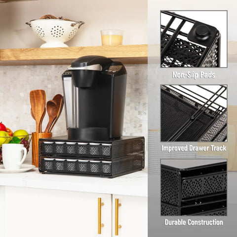 Two Drawer Coffee Pod Organizer With Removable Dividers Fits Up To 72 Pods Or Mix Of Pods And Office Essentials, black metal mesh with coffee machine on top, details on non-slip pads and drawer track.