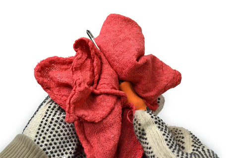 Hand holding Premium Red Cotton Shop Towels Industrial Grade Tough As Nails Heavy Duty Highly Absorbent Reusable And Durable, 10 x 12 pack 100