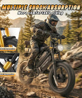 Dual Motor Electric Fat Tire Ebike For Adults With Removable Dual Battery in rugged terrain showcasing shock absorption.