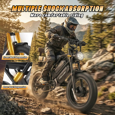 Dual Motor Electric Fat Tire Ebike For Adults With Removable Dual Battery in rugged terrain showcasing shock absorption.