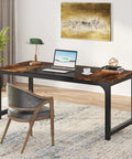 Massive 63-Inch Wide Computer Desk With 31.5-Inch Depth, vintage black metal frame, wooden surface, laptop and books on desk
