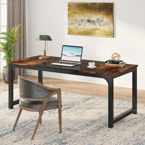Massive 63-Inch Wide Computer Desk With 31.5-Inch Depth, vintage black metal frame, wooden surface, laptop and books on desk