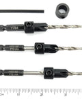 Number Eight Wood Countersink Drill Bit Pro Grade Three Piece Kit With Adjustable Depth Guide showing drill bits, hex wrench, and stop collar.