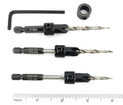 Number Eight Wood Countersink Drill Bit Pro Grade Three Piece Kit With Adjustable Depth Guide showing drill bits, hex wrench, and stop collar.
