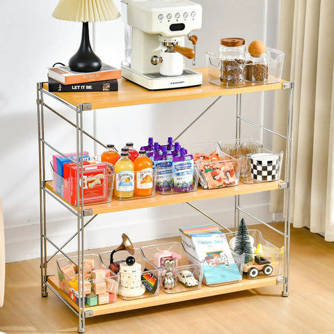 Straight Up Sturdy 12 Pack Clear Plastic Storage Bins With Handles For Pantry Organizing Cabinet Shelving transparent containers on wood shelves.