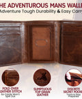 Open view of Rugged Leather Mens RFID Blocking Trifold Wallet With Double Cash Compartments Secret Pocket Top Grain Forest Brown