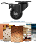 Heavy Duty Caster Wheels With Brakes And Screws Set Of 4 Each Up To 440 Lbs Capacity Silent Rubberized Trolley Castors For Furniture Pallets Or Equipment No Floor Marks Smooth Mobility And Easy Maneuvering Black shown on various flooring types including laminate, marble, and wood.