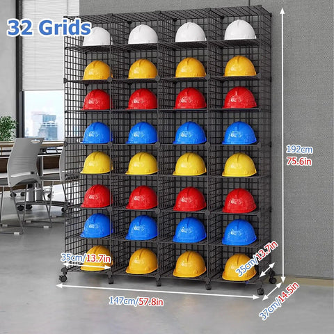 Heavy Duty Helmet Storage Box On Wheels Adjustable Stackable Hard Hat Organizer For Garage Workshop And Job Site 32 Grids 8 Layers Floor Standing Display Shelf in office setting