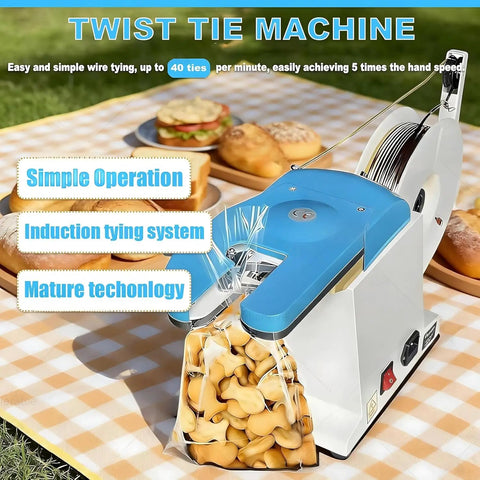 Rock The Bench With This Hottest Semi-Auto Twist Tie Machine For Sealing And Bundling Bags Of Bread Or Toys Fast Using Metallic Wire At 40 Per Minute Compact Design Saves Sweet Shop Space.