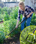 Woman using 74 Inch Hula Hoe Garden Tool With Adjustable Stirrup Hoe And Gardening Gloves for weeding, shown with rust resistant steel head.