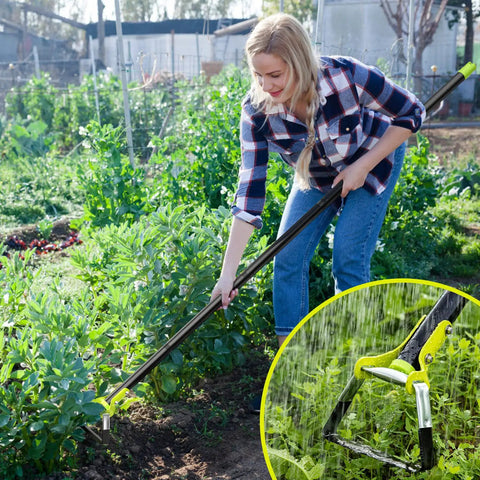 Woman using 74 Inch Hula Hoe Garden Tool With Adjustable Stirrup Hoe And Gardening Gloves for weeding, shown with rust resistant steel head.