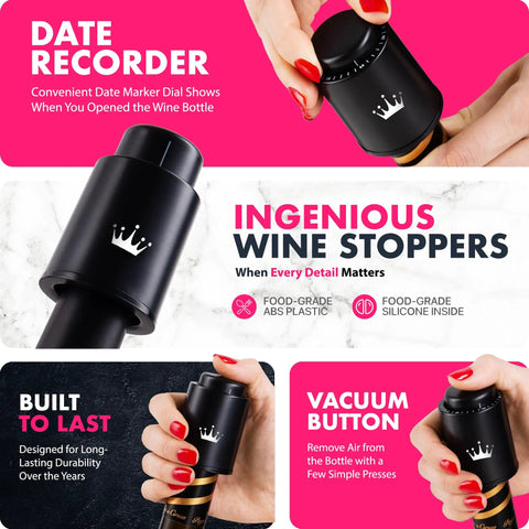 Vacuum Wine Stopper Set Pack Of 2 Keeps Wine Fresh Up To Fifteen Days with date marker, matte black close-up
