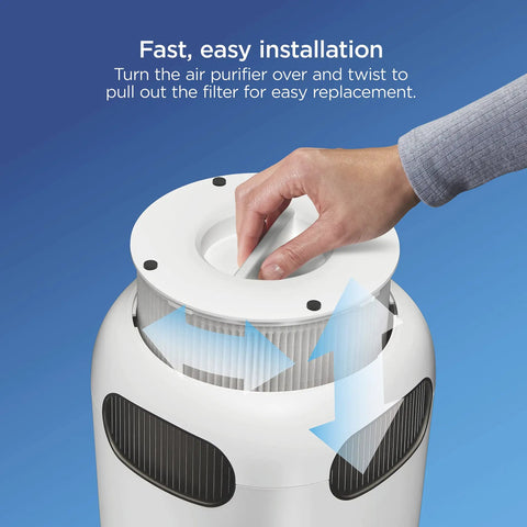 Hand demonstrating installation of Tabletop True HEPA Replacement Filter For Air Purifier, 200 Sq Ft Coverage, Clears 99.97 Percent