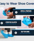 Blue Disposable Boot Covers Premium Pack 100 Non Slip Shoe Protectors for indoor and outdoor use being worn step-by-step.