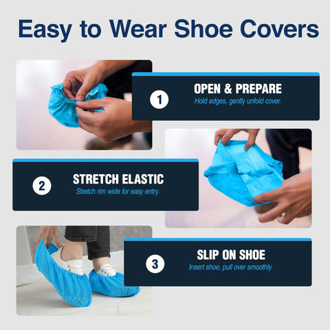Blue Disposable Boot Covers Premium Pack 100 Non Slip Shoe Protectors for indoor and outdoor use being worn step-by-step.