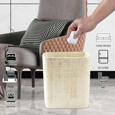 Natural Travertine Textures Tiny Trash Can 1.8 Gallon Bathroom Space Saver Garbage Bin by chair in living room