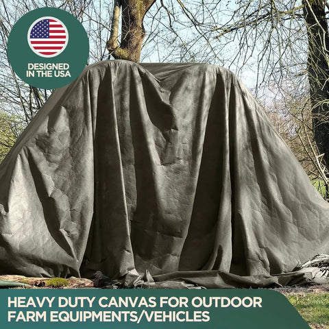 Heavy Duty Waxed Canvas Tarp Cover 21oz Duck Cloth 8x10 Ft Olive Drab with Rustproof Brass Grommets Built To Last for Camping Construction Gear and Outdoor Use covering equipment outdoors