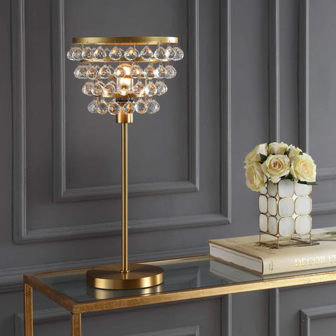 Brass Gold 25 Inch Table Lamp With Clear Crystal Beads, Modern Industrial Chandelier Style Nightstand Lamp For Bedroom