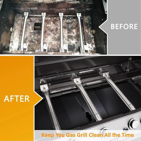 Before and after images showing a Universal Grease Tray With Catch Pan For 24 To 30 Inch Grills For Backyard Barbecues Drip Pan Replacement Parts For 4 To 5 Burner Gas Grills Fits Nexgrill Kenmore BHG Expert Black with a clean gas grill.