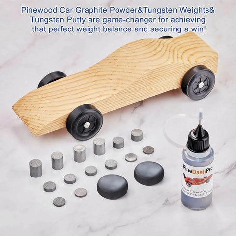 Derby Pinewood Car Weights Kit With 14 Cylindrical Tungsten Weights Across 4 Sizes, 4.25 Oz Total, tools and car displayed.