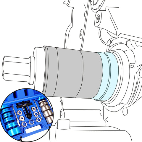 Illustration of crankshaft seal installer and remover kit 33 pc set with seal puller in use on automotive engine.
