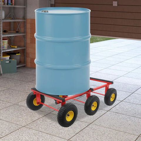 Heavy Duty Furniture Moving Cart With Smooth Rolling Inflatable Tires And Tough Steel Frame For Absolutely No Sweat Hauling Massive Couches And Appliances Through Doorways Or Driveways with a blue barrel on wheels in a garage.