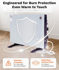 Convection Panel Space Heater With Thermostat And Dual 450 And 900 Watt Settings 22 By 18 Inch Wall Mount Kit shown with safety icons