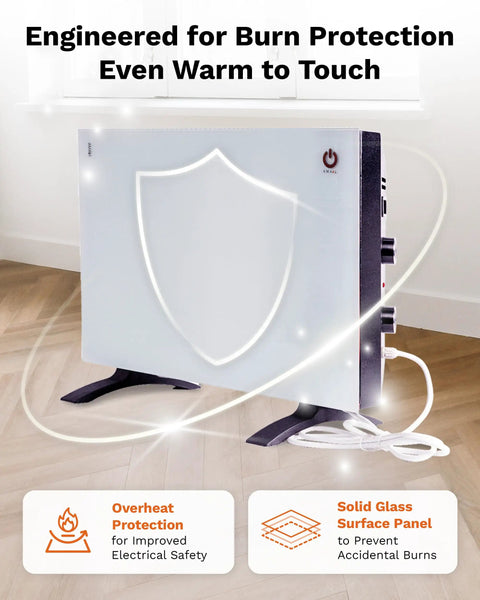 Convection Panel Space Heater With Thermostat And Dual 450 And 900 Watt Settings 22 By 18 Inch Wall Mount Kit shown with safety icons