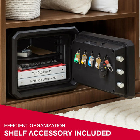 Beefy Fireproof And Waterproof Safe With Backlit Digital Keypad And Override Key For Passports Money Jewelry And Important Documents 0.81 Cubic Feet Of Secure Protection shown open with keys and documents inside.