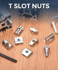Bulletproof Heavy Duty Hammer Nuts Sliding T Fasteners For 3030 Aluminum Extrusion on wooden surface, diverse shapes and sizes.
