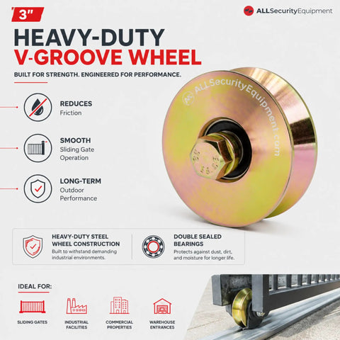 Two Pack Three Inch V Groove Gate Rollers With Double Sealed Bearings for smooth operation on sliding gates shown at an angle.