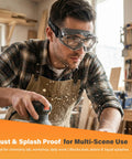 Man in workshop wearing Over Glasses Safety Goggles With Panoramic Lens Anti Fog And Scratch Resistant ANSI Z87.1 Eye Protection