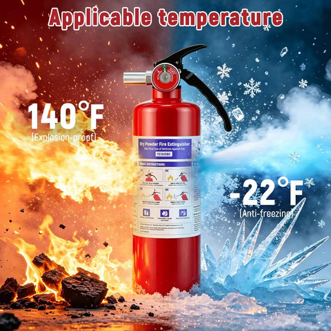 Compact ABC Dry Powder Fire Extinguisher 2 Pound UL Ansi 299 Certified Portable Safety showing explosion-proof and anti-freezing temperatures.