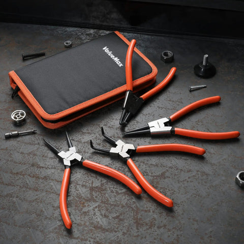 Heavy Duty Snap Ring Pliers Set Four Piece Kit For Internal And External C Clip Rings With Straight And Bent Jaws on table