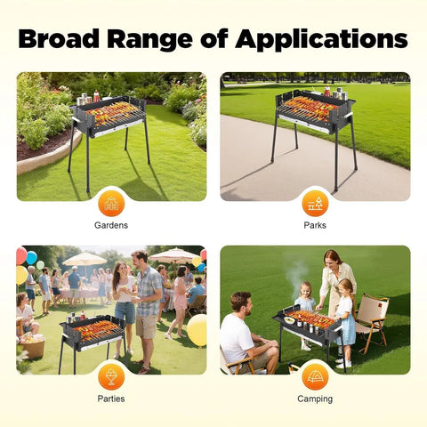 Portable Charcoal Grill With Three Gear Height Adjustment For Three To Eight People, shown in garden, park, party, and camping.