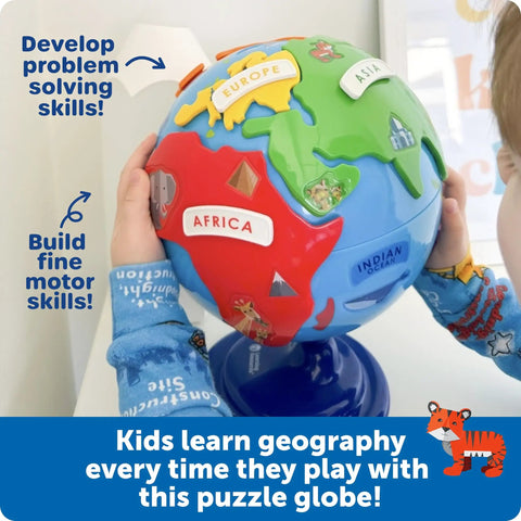 Child playing with Hands On 3D Puzzle Globe For Kids Learn World Geography with Color Coded Continents and puzzle pieces.