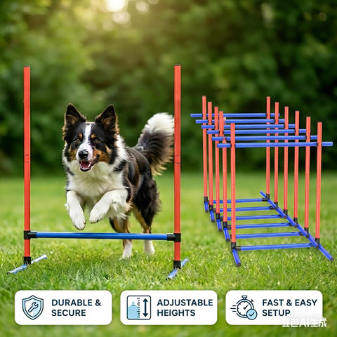 Dog jumping over a hurdle from 6 Piece Dog Agility Jumps And Hurdles Set With Adjustable Heights Portable Storage Bag Pro Grade Backyard Obstacle Courses For Small To Medium Dogs To Boost Speed Focus And Fitness In Parks Or At Home