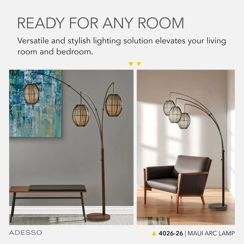 Maui Arc Floor Lamp With Three Movable Shades And Adjustable Height, Perfect Lighting For Bedroom And Living Room, Antique Bronze Finish