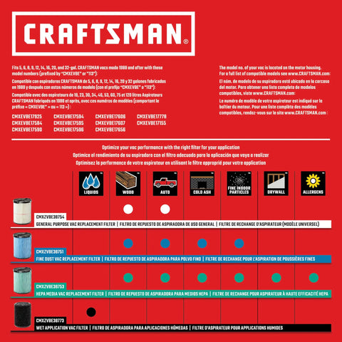 Craftsman vacuum filter chart showing replacement options for different vacuum models and applications including liquids and cold ash.