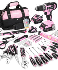 Knockout 20V Cordless Pink Drill Set For Women Rock Solid Power Tool Kit With Rugged Carrying Bag, including various tools and accessories.