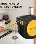Retractable 40 Foot Extension Cord Reel With 10 AWG Heavy Duty SJTOW Cable mounted on wall, showing auto retract system