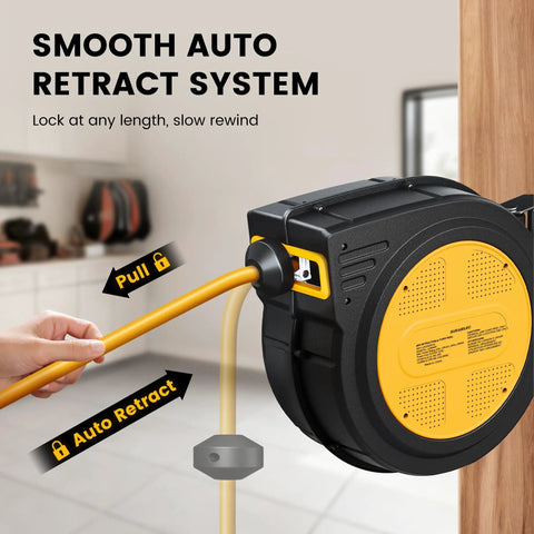 Retractable 40 Foot Extension Cord Reel With 10 AWG Heavy Duty SJTOW Cable mounted on wall, showing auto retract system