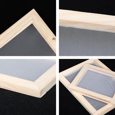 Close-up of All In One 3 Pack Paper Making Frame Kit With Wooden Screens In A4 A5 A6 Sizes For DIY Papermaking Must Have Mesh Molds Reusable Craft Tools.