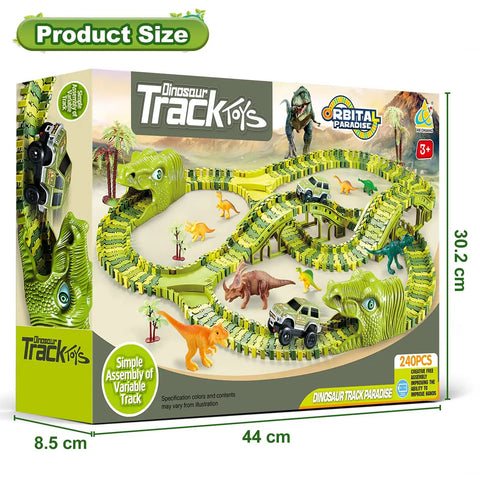 266 Piece Dino Track Set For Kids Ages 3 4 5 6 7 Flexible Race Tracks With 2 Dino Cars Bridges Tunnels on box